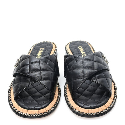 Chanel Shiny Lambskin Quilted Chain CC Sandals 38 Black 3 of 9