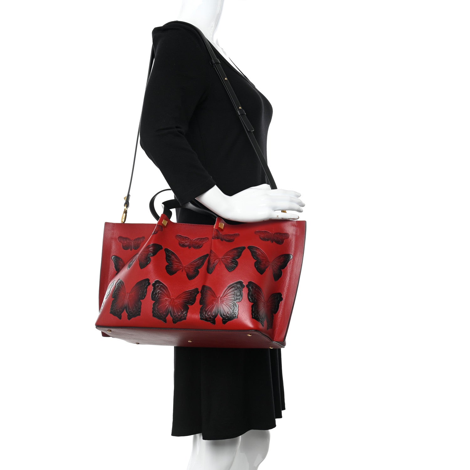 Valentino Garavani Grained Calfskin Butterfly Embossed Medium VLogo Escape Shopper Bag Red Black 2 of 17