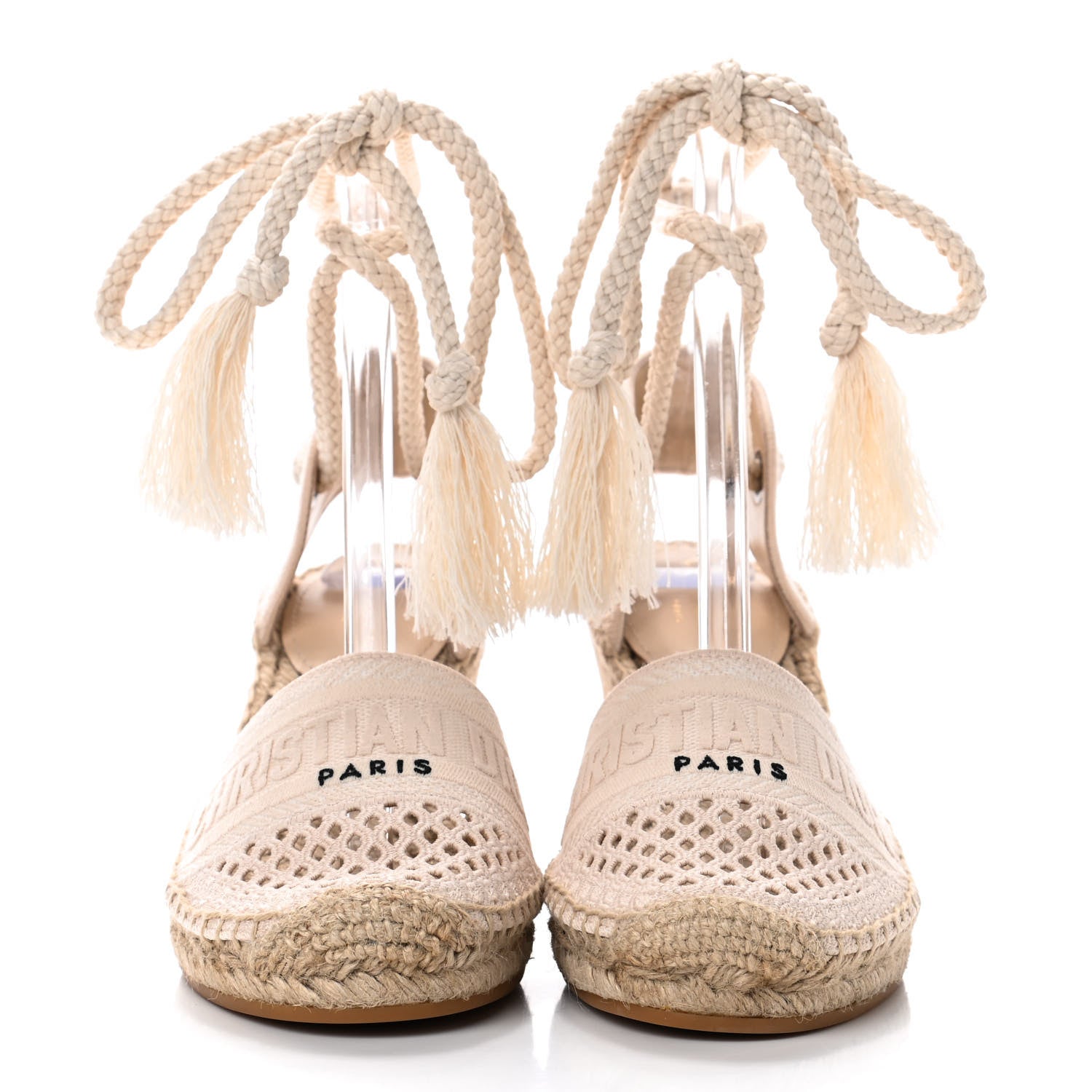 Christian Dior Canvas Embroidered Granville Ankle Tie Espadrille Wedges 39.5 Cream 2 of 4