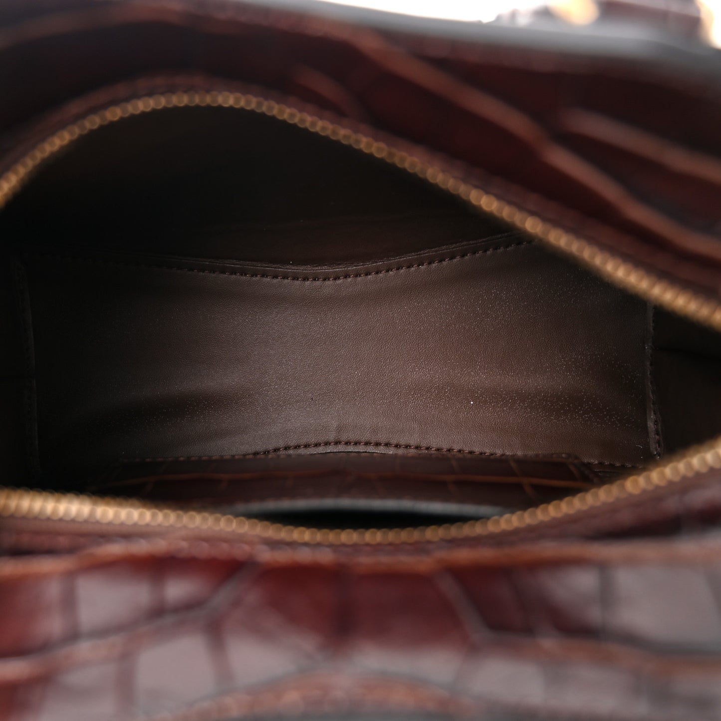 Semi Shiny Calfskin Crocodile Embossed Neo Classic Gold Hardware Mini City Dark Brown