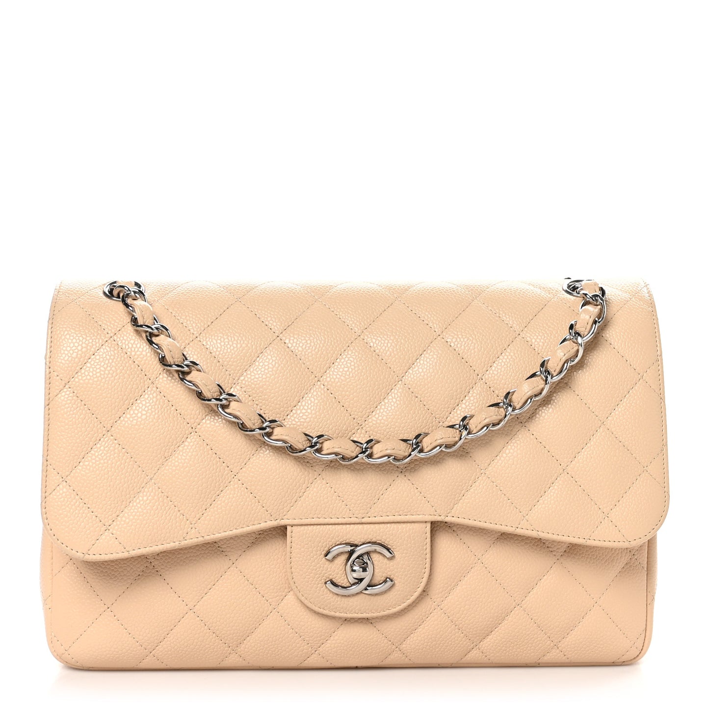 Caviar Quilted Jumbo Double Flap Beige