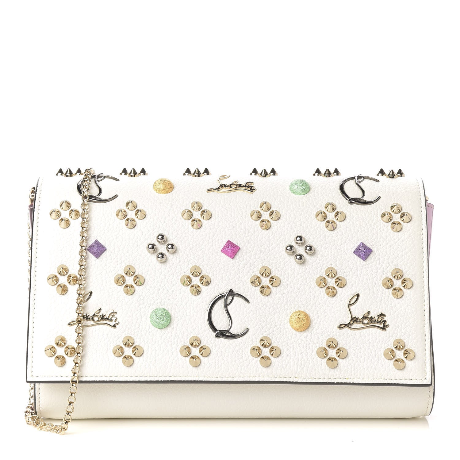 Christian Louboutin Grained Calfskin Spikes Loubinthesky Paloma Wallet On Chain White 1 of 8