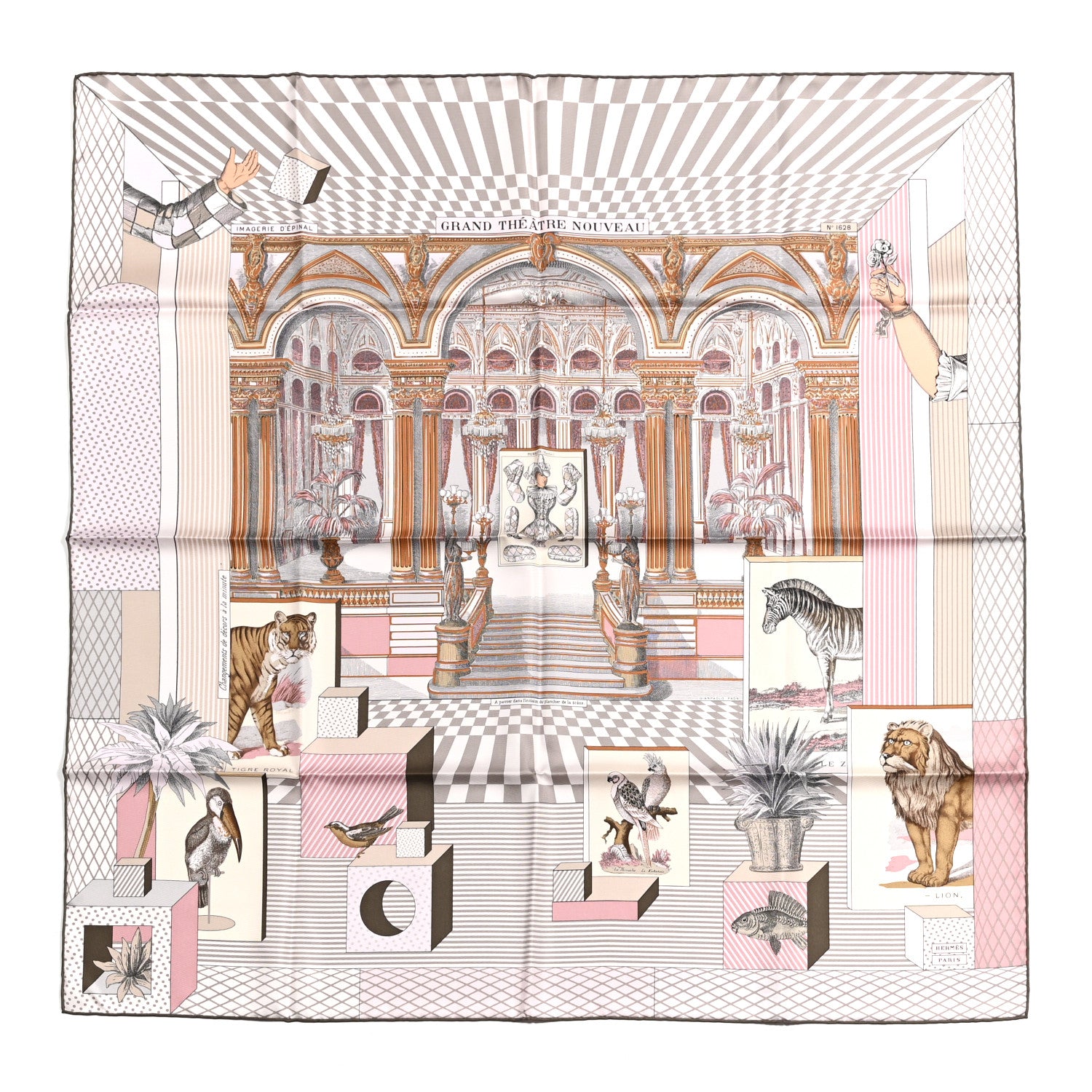 Hermes Silk Grand Theatre Nouveau Scarf 90 Rose Pale Etoupe 1 of 5
