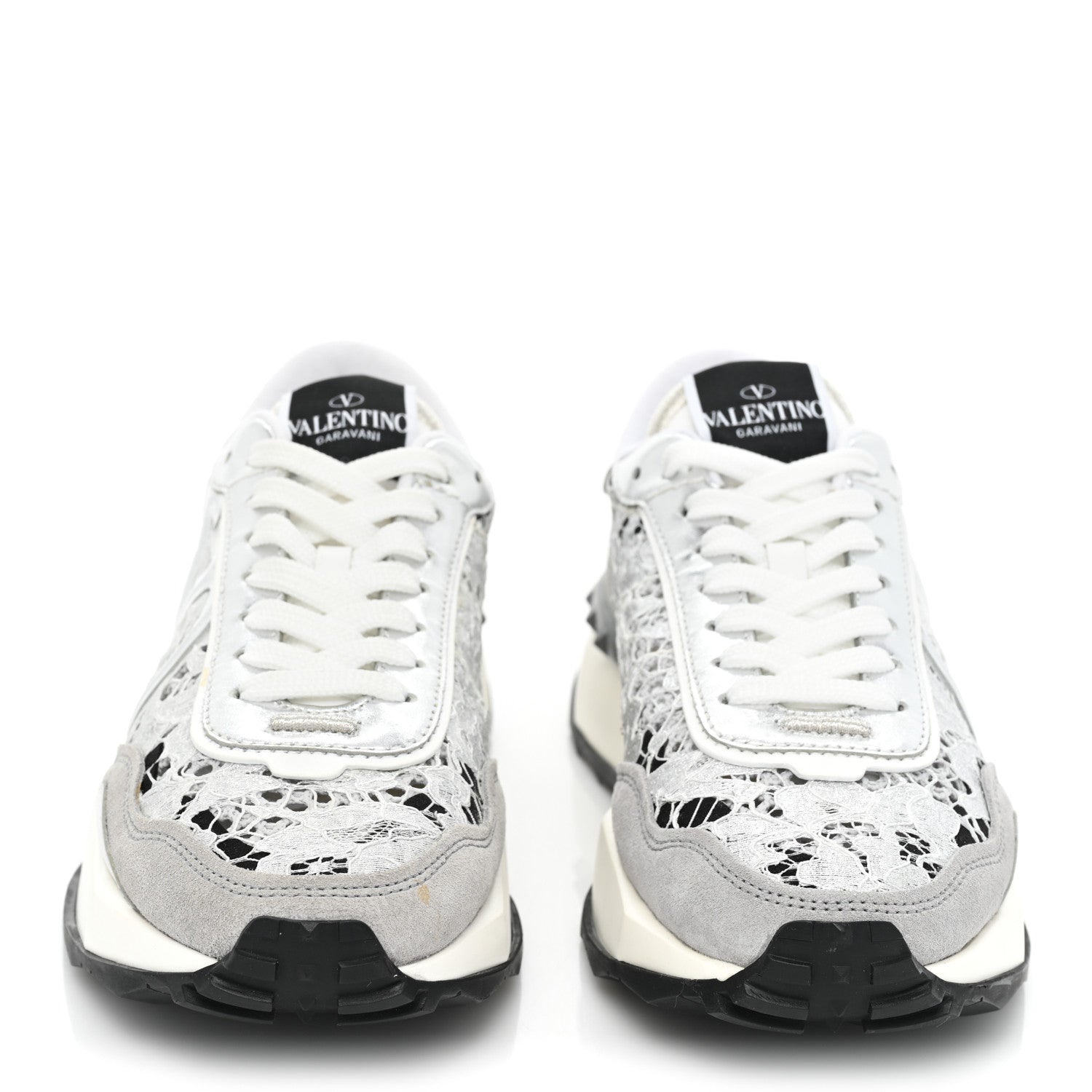 Valentino Garavani Metallic Calfskin Lace Mesh Lacerunner Sneaker 37.5 Silver Pastel Gray 2 of 15