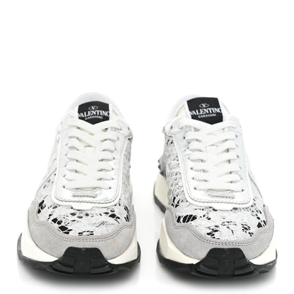 Valentino Garavani Metallic Calfskin Lace Mesh Lacerunner Sneaker 37.5 Silver Pastel Gray 2 of 15