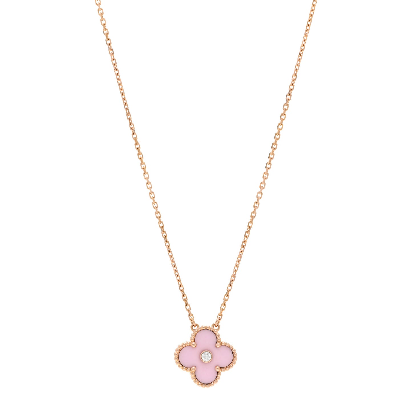 18K Rose Gold Diamond Pink Porcelain Vintage Alhambra Pendant Necklace