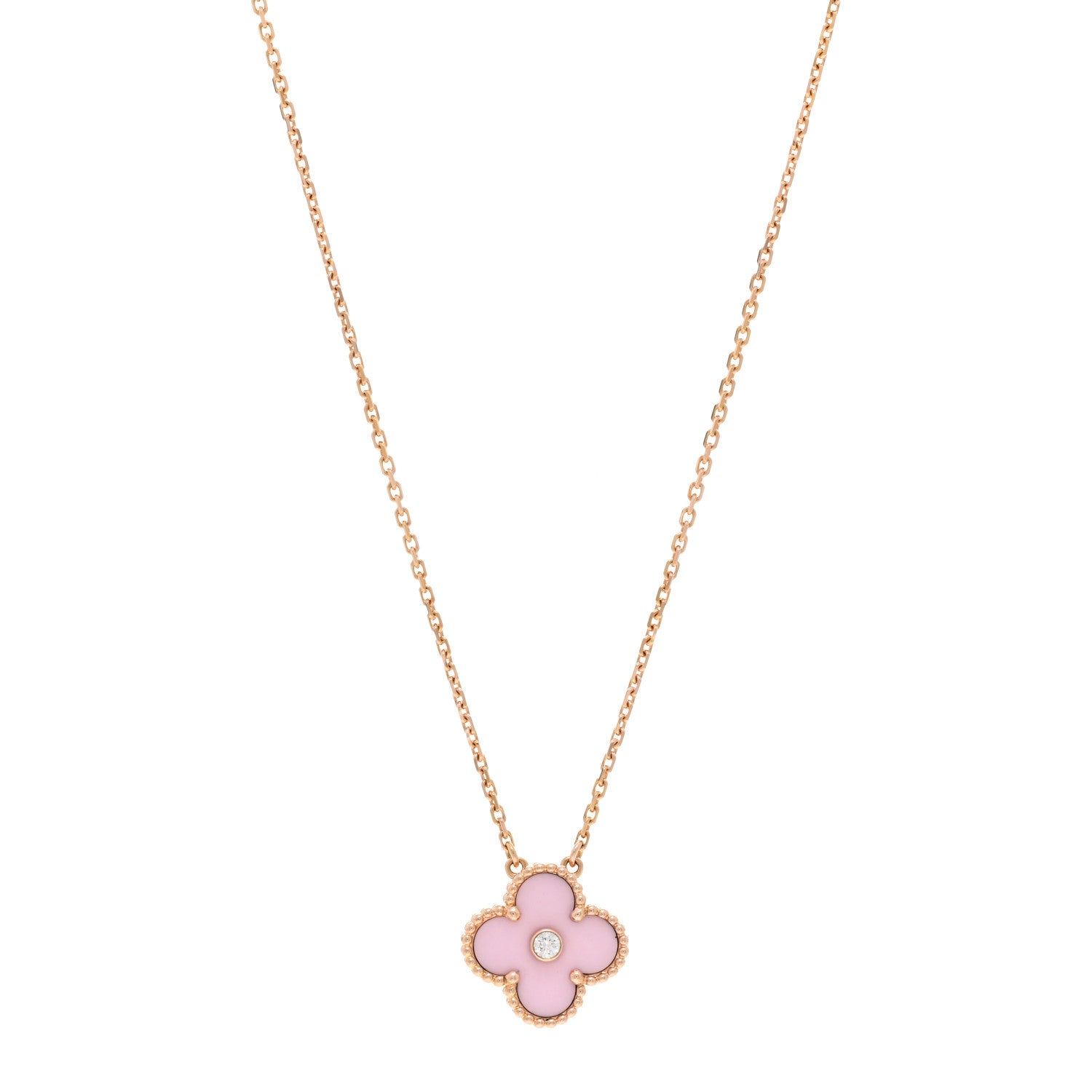 Van Cleef & Arpels 18K Rose Gold Diamond Pink Porcelain Vintage Alhambra Pendant Necklace 1 of 5