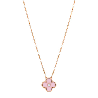 Van Cleef & Arpels 18K Rose Gold Diamond Pink Porcelain Vintage Alhambra Pendant Necklace 1 of 5