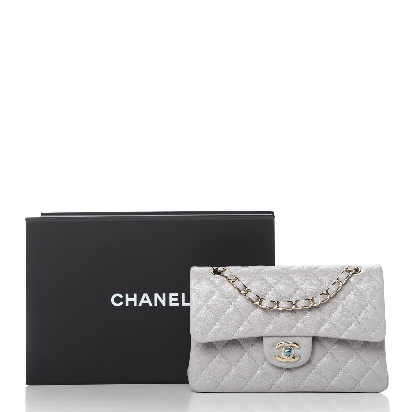 Caviar Quilted Small Double Flap Grey