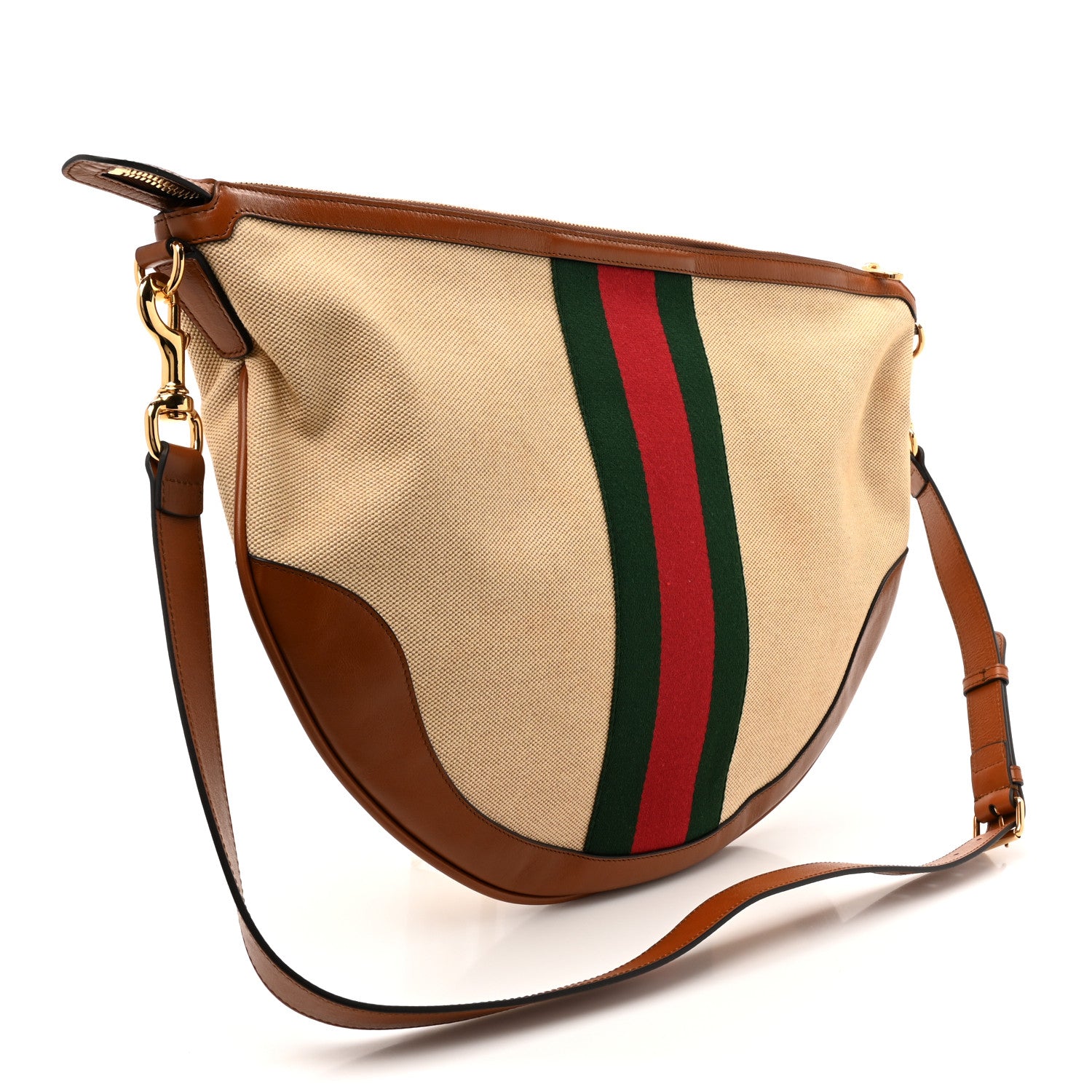 Gucci Vintage Canvas Calfskin Web Large Ophidia Half Moon Hobo Sand Light Cuir 3 of 10
