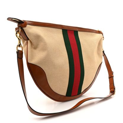 Gucci Vintage Canvas Calfskin Web Large Ophidia Half Moon Hobo Sand Light Cuir 3 of 10