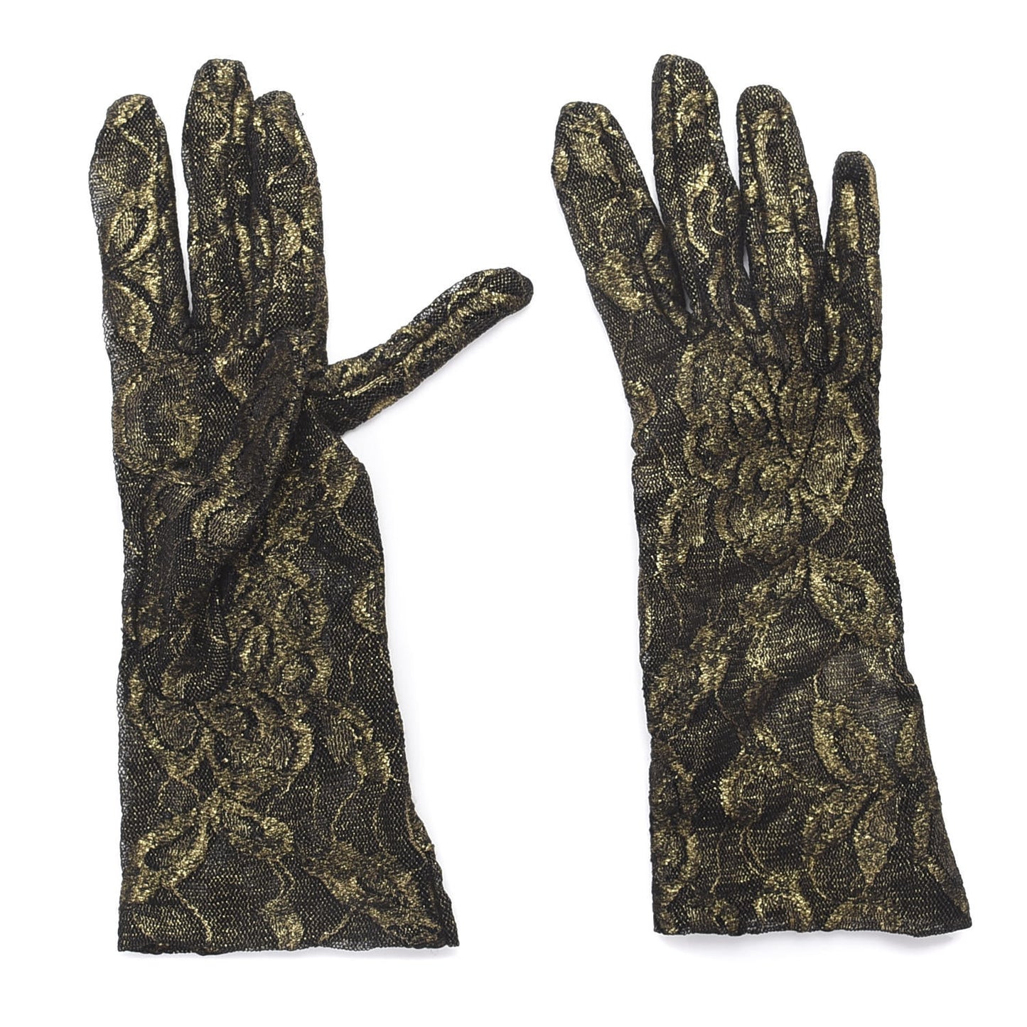 Embroidered Tulle Sheer Gloves 8 L Black Gold