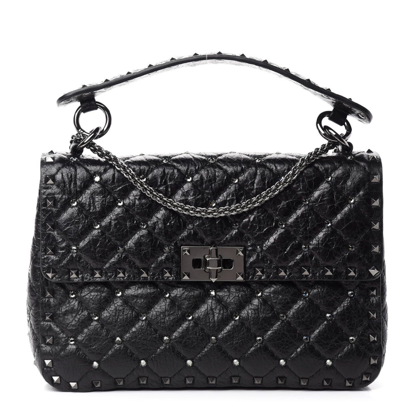 Craquele Nappa Medium Rockstud Spike Shoulder Bag Black