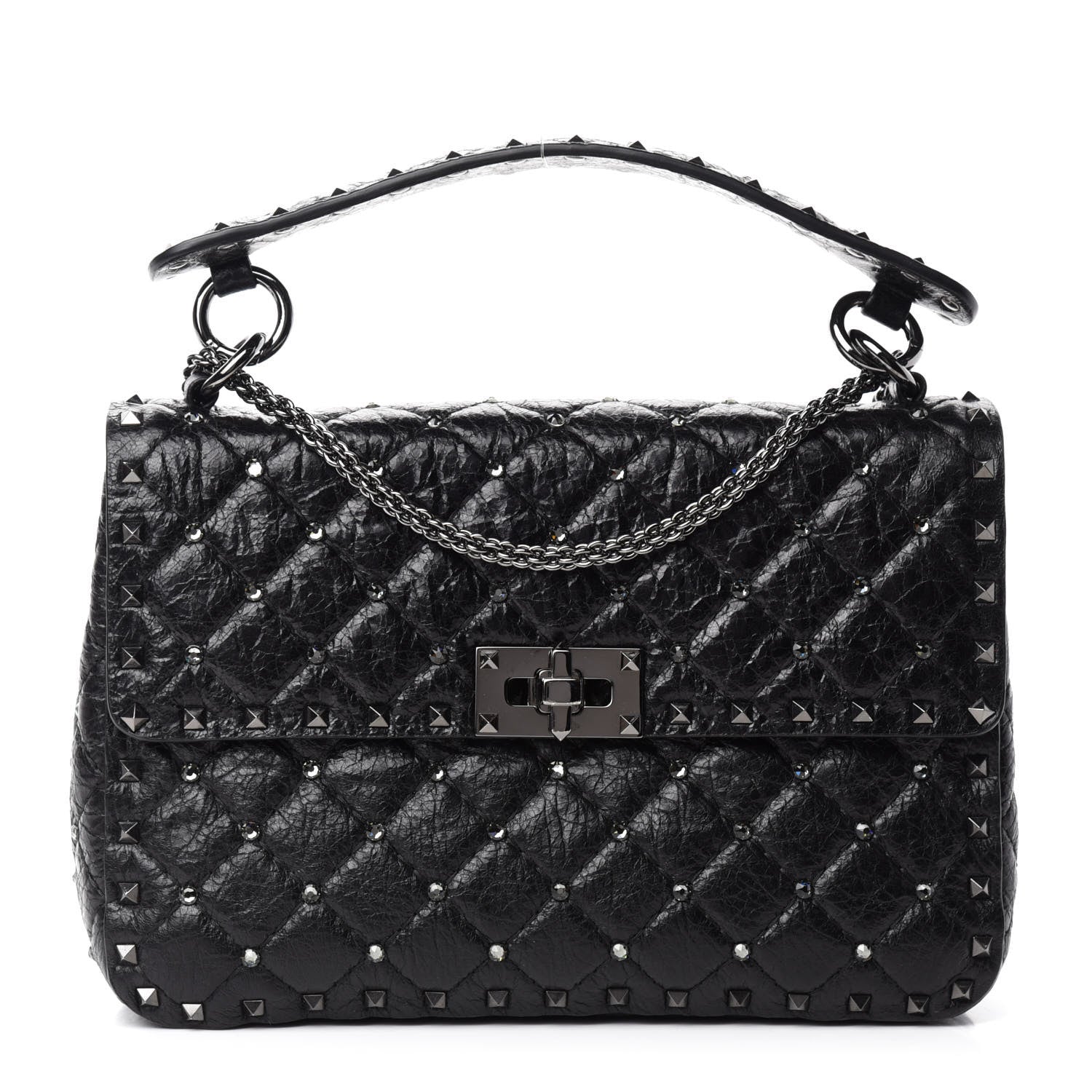 Valentino Garavani Craquele Nappa Medium Rockstud Spike Shoulder Bag Black 1 of 9