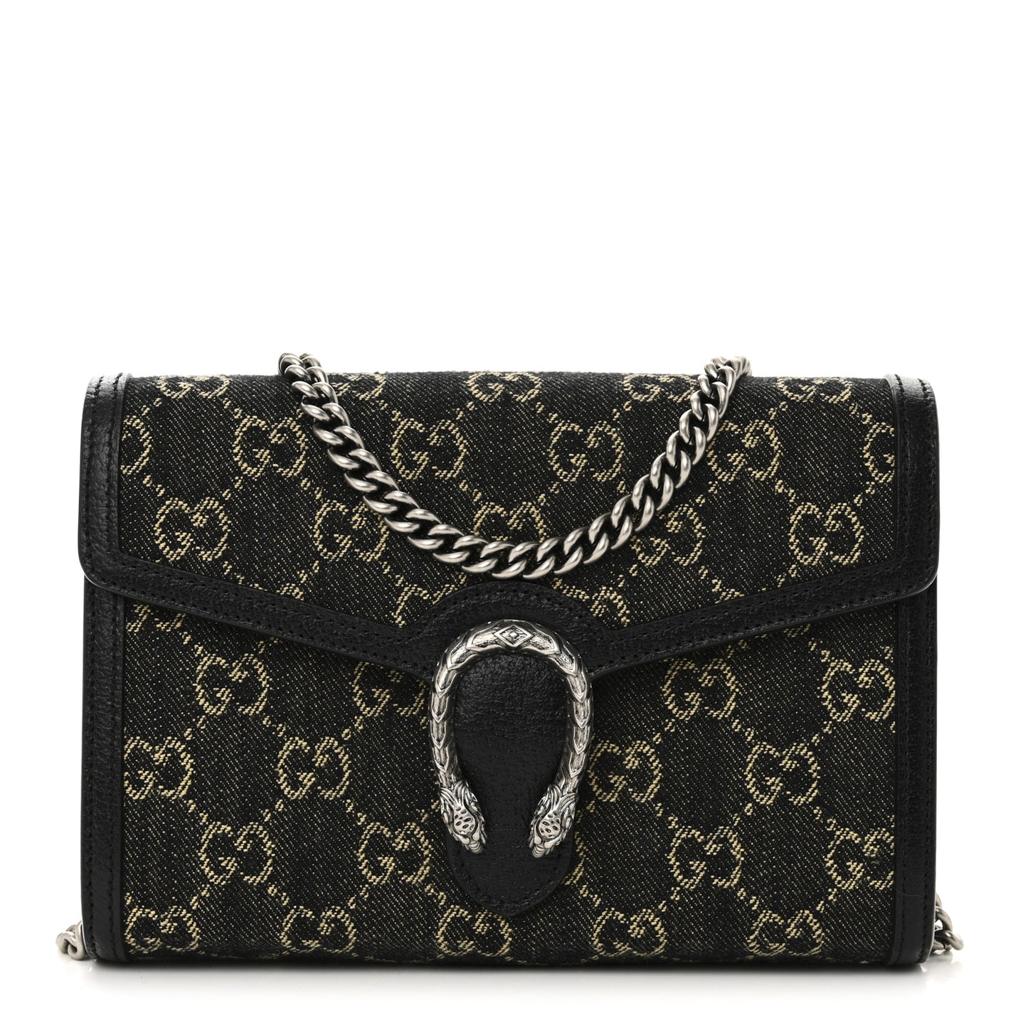 Jacquard Black Denim GG Monogram Mini Dionysus Chain Wallet Black Ivory
