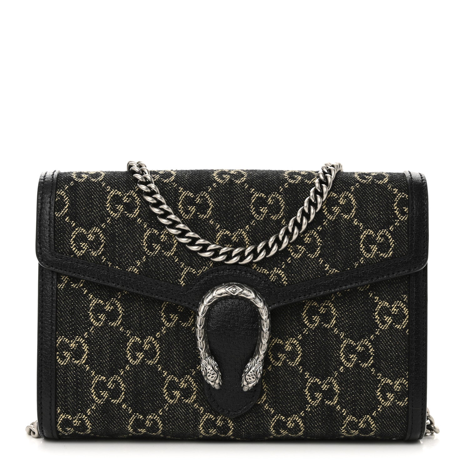 Gucci Jacquard Black Denim GG Monogram Mini Dionysus Chain Wallet Black Ivory 1 of 11