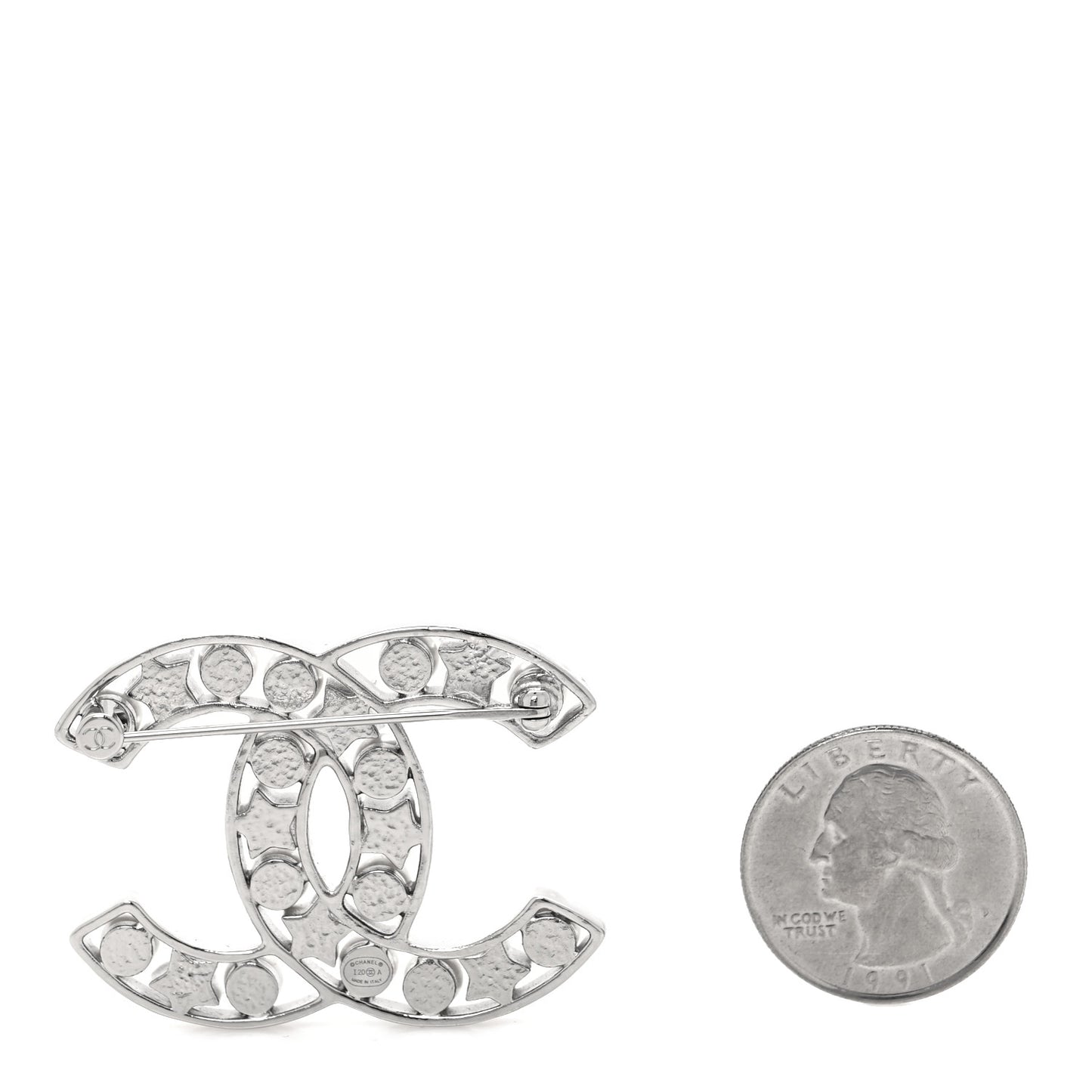 Pearl Crystal Star CC Brooch Silver