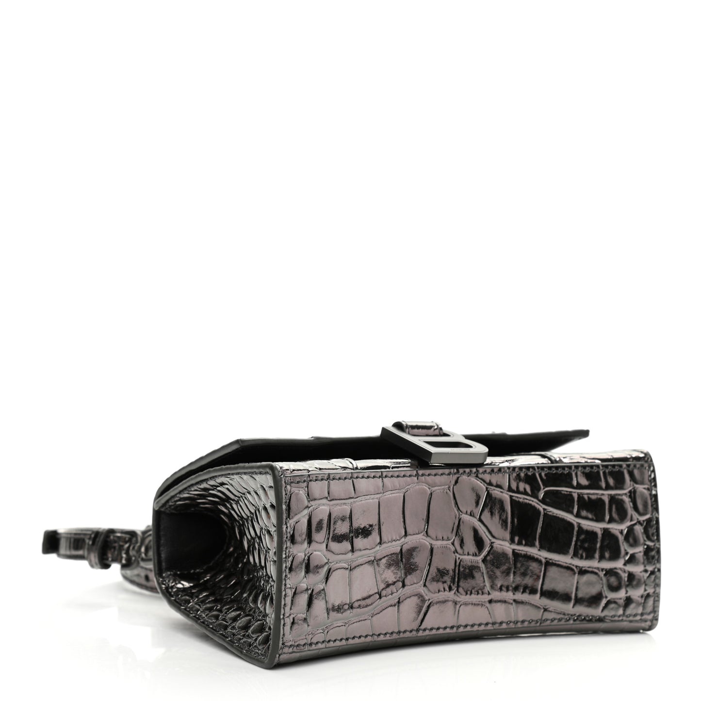 Shiny Calfskin Crocodile Embossed Hourglass Top Handle Bag XS Gunmetal