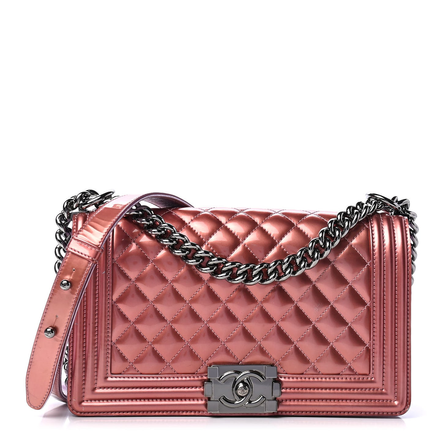 Metallic Patent Calfskin Quilted Medium Boy Flap Light Pink