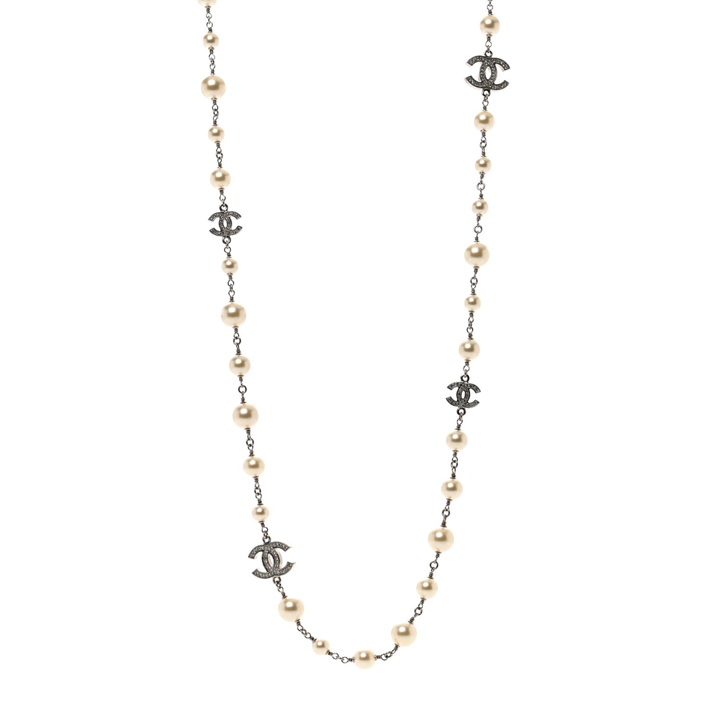 Graduated Pearl Crystal CC Long Necklace Silver
