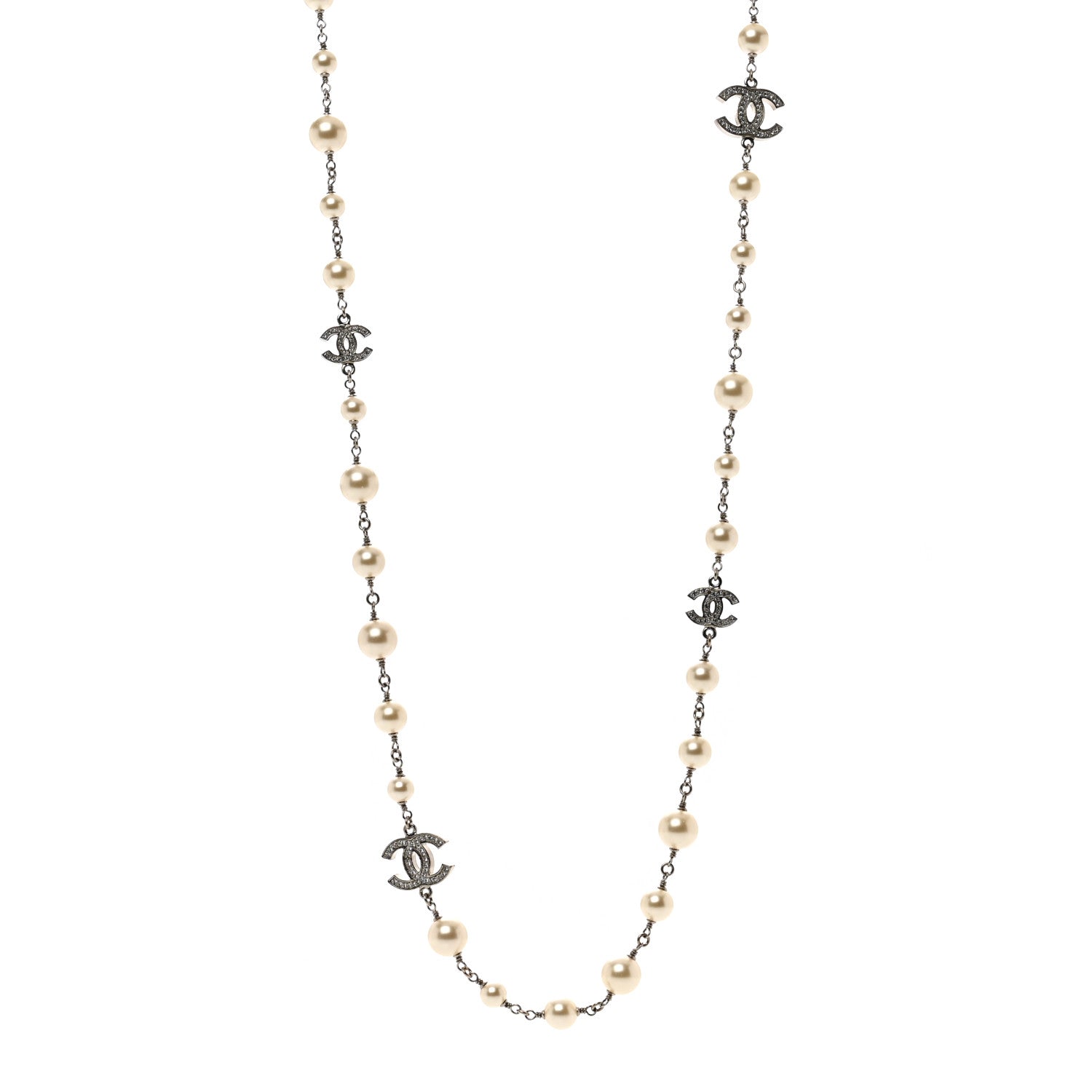Chanel Graduated Pearl Crystal CC Long Necklace Silver 1 of 4