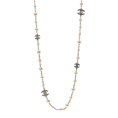 Chanel Graduated Pearl Crystal CC Long Necklace Silver 1 of 4