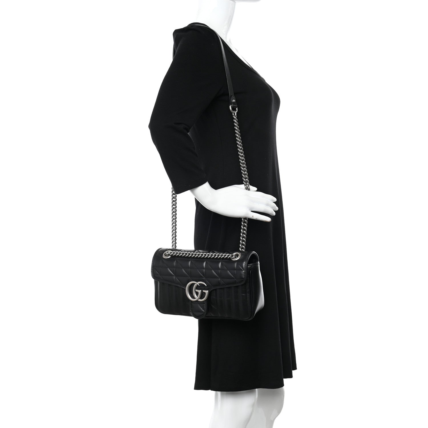 Gucci Calfskin Matelasse Aria Small GG Marmont Shoulder Bag Black 2 of 11