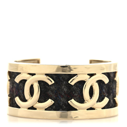 Chanel CC Tweed Cuff Bracelet S Gold Beige Black 1 of 4