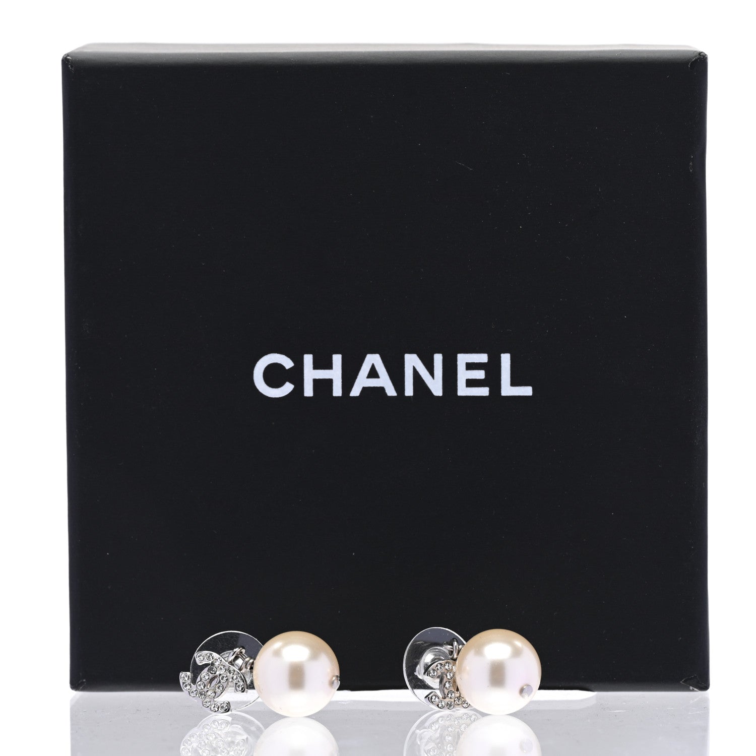 Chanel Crystal Pearl CC Drop Earrings Silver Pearly White 5 of 5