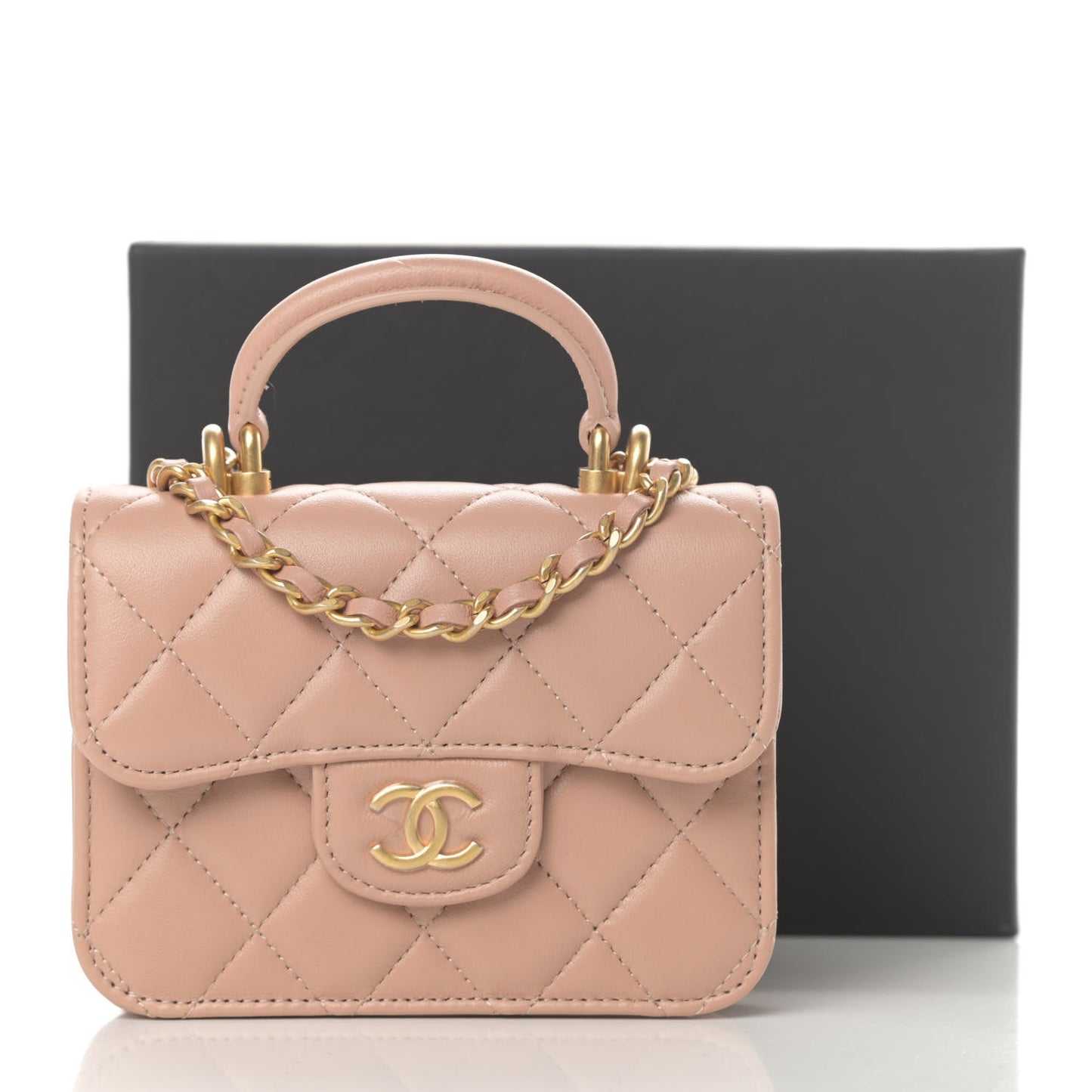 Lambskin Quilted Top Handle Flap Coin Purse With Chain Beige