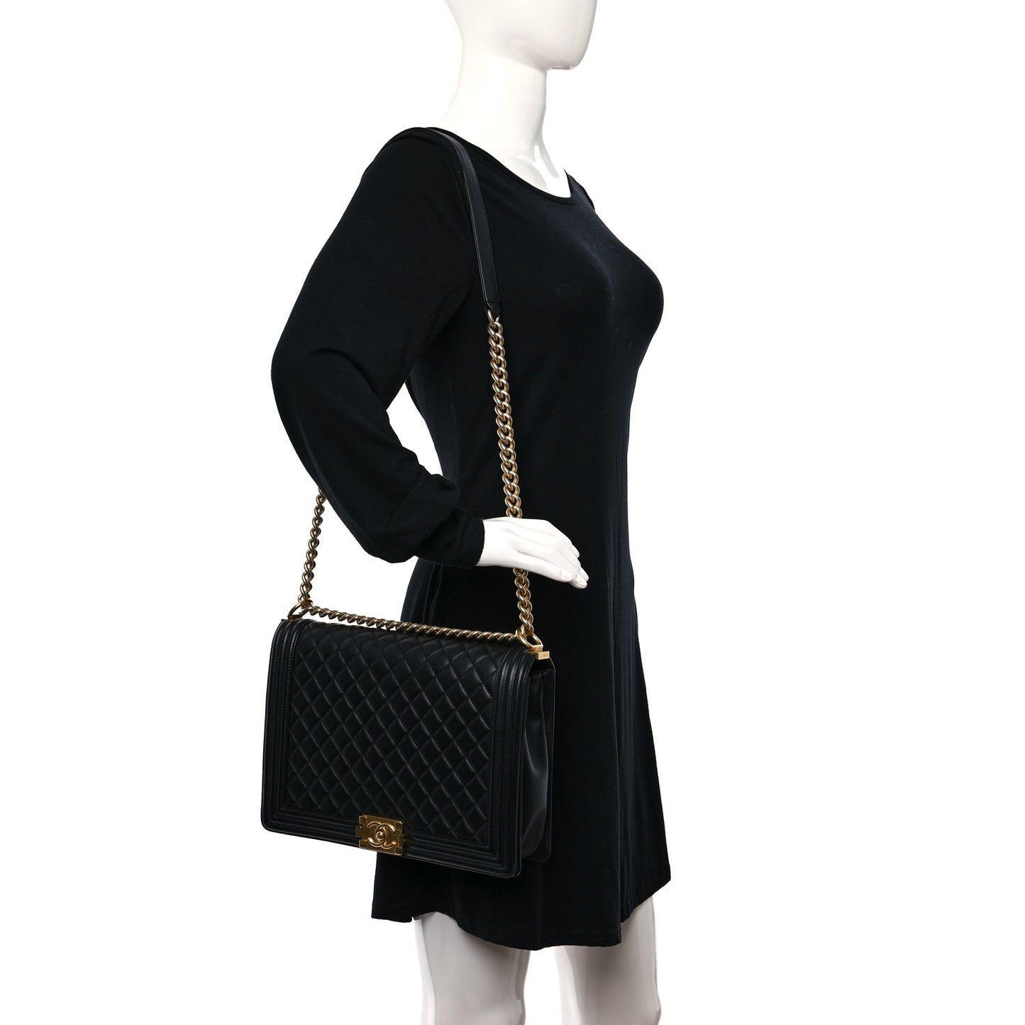 Calfskin Quilted Large Boy Flap Black
