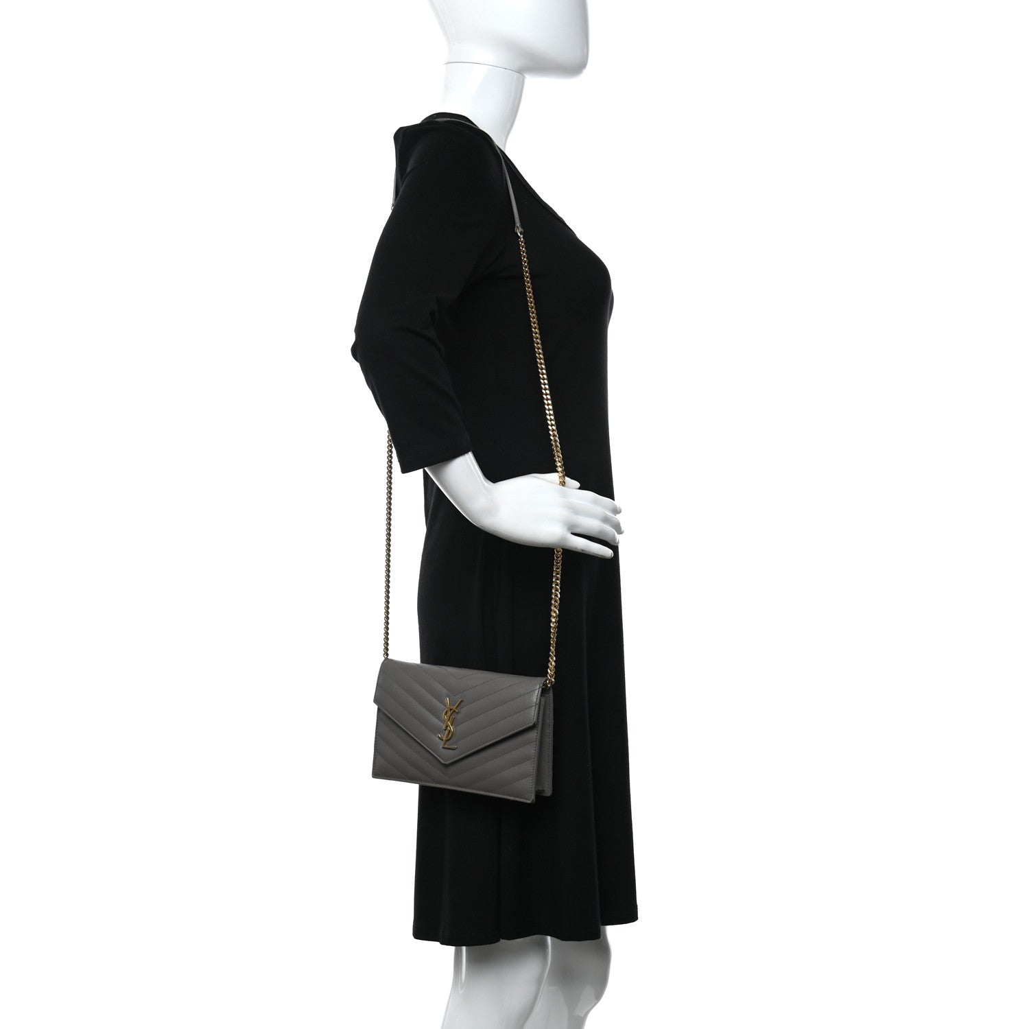 Saint Laurent Grain De Poudre Matelasse Chevron Monogram Envelope Chain Wallet Coal 2 of 15