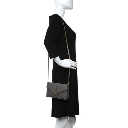 Saint Laurent Grain De Poudre Matelasse Chevron Monogram Envelope Chain Wallet Coal 2 of 15