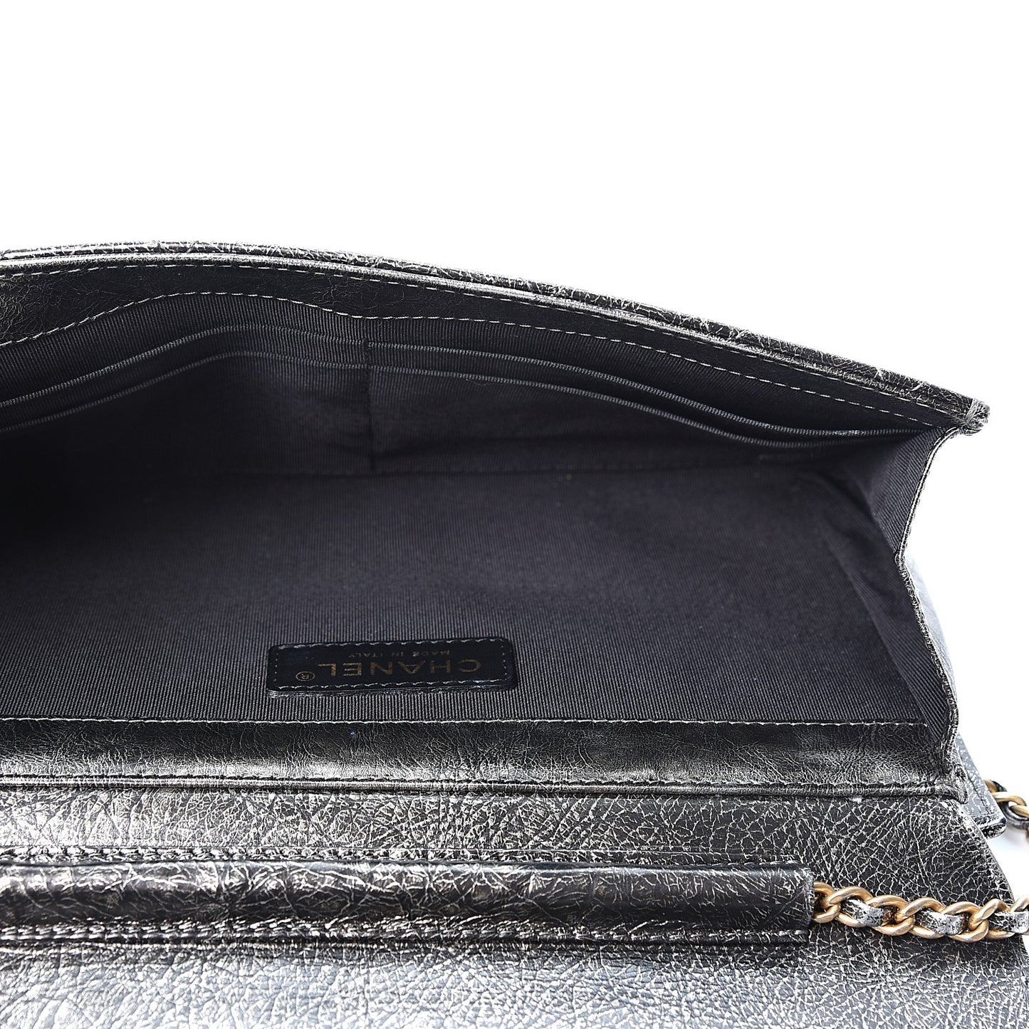 Cracked Metallic Calfskin Quilted Zip Away Chain Clutch Dark Silver