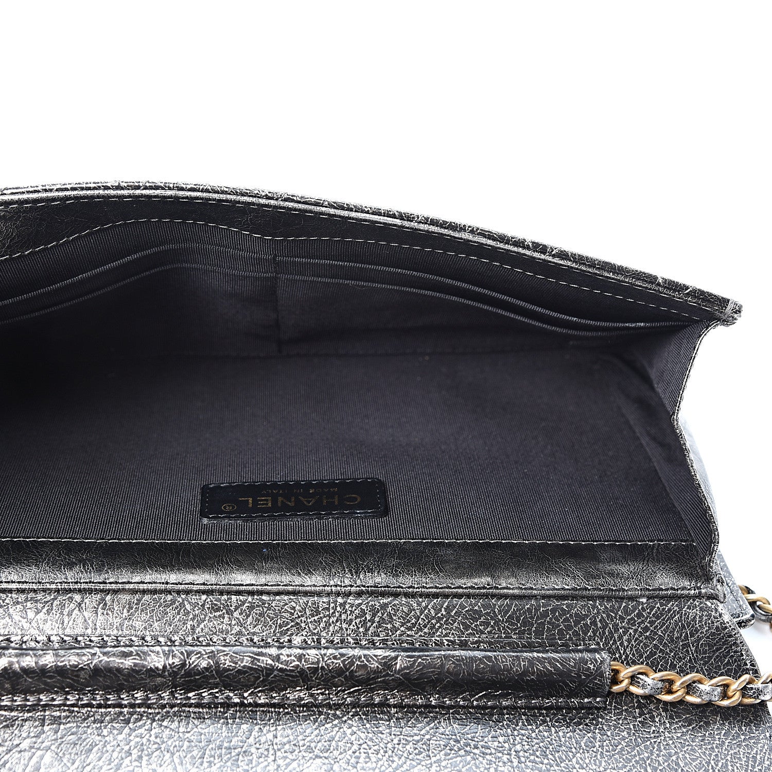 Chanel Cracked Metallic Calfskin Quilted Zip Away Chain Clutch Dark Silver 4 of 10