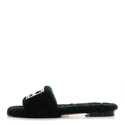 Fendi Shearling FF Baguette Slide Sandals  37 Salvia Green 1 of 8
