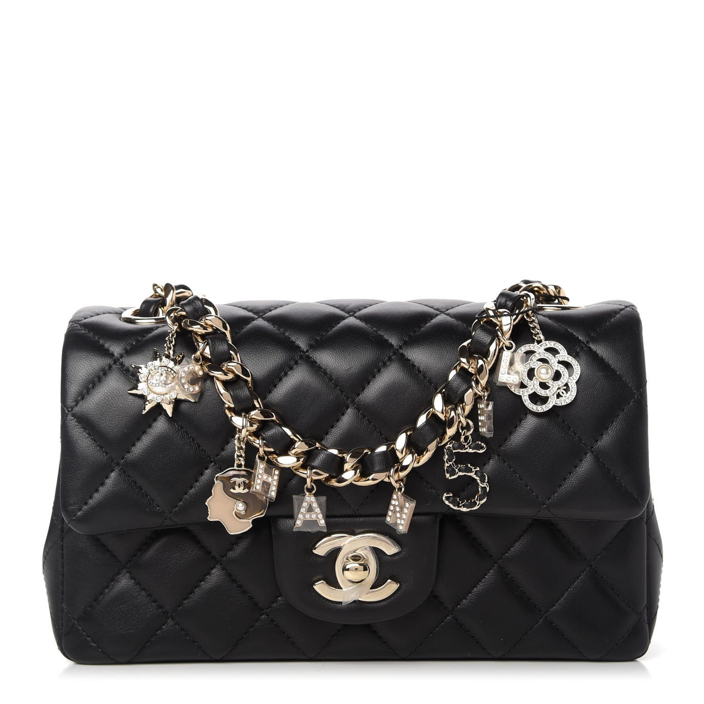 Lambskin Quilted Mini Coco Charms Rectangular Flap Black
