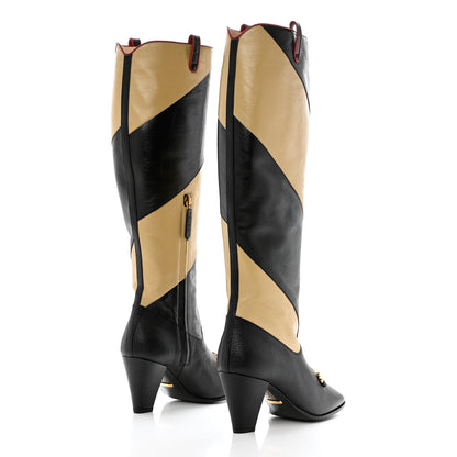 Gucci Calfskin Wrinkled Kid Diagonal Striped Zumi Knee Boots 36 Black Beige Romantic Cherry 4 of 10