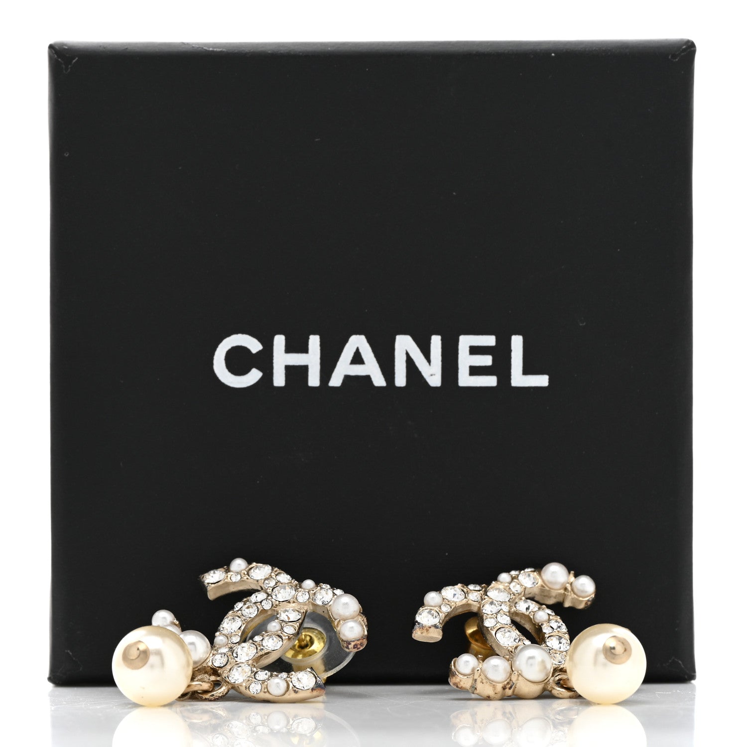 Chanel Crystal Pearl CC Drop Earrings Gold Pearly White 7 of 7