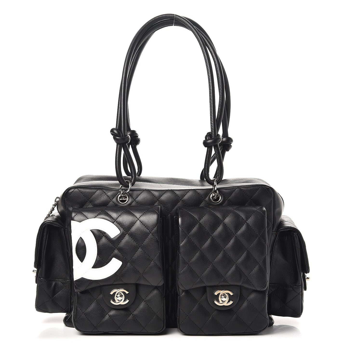 Calfskin Quilted Large Cambon Multipocket Reporter Black White