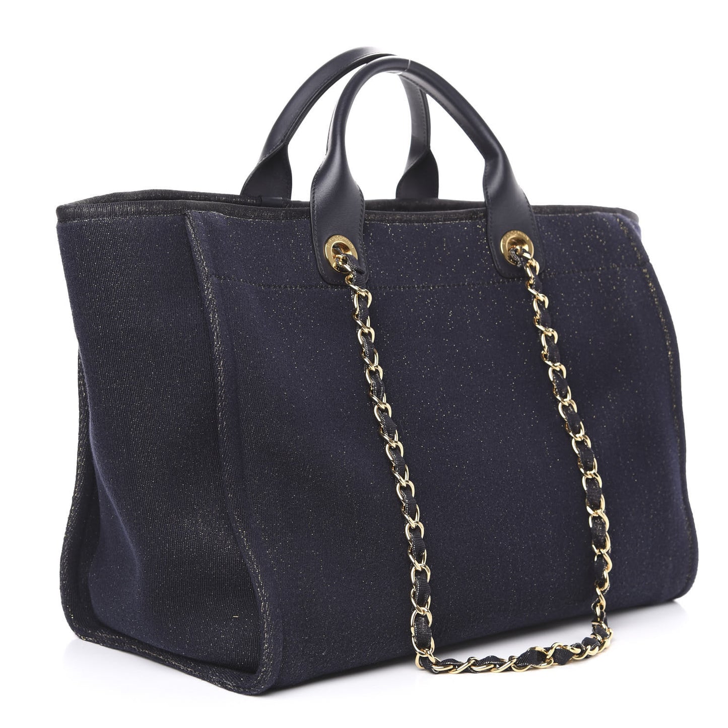 Lurex Canvas Medium Deauville Tote Navy Blue Gold