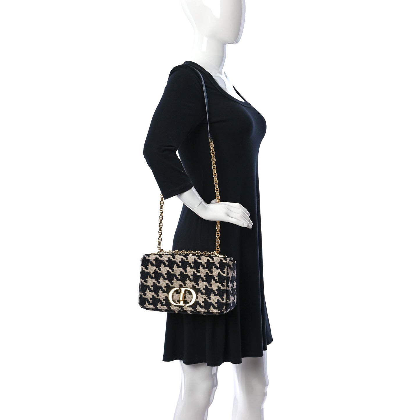 Technical Canvas Macro Houndstooth Medium Caro Bag Black White