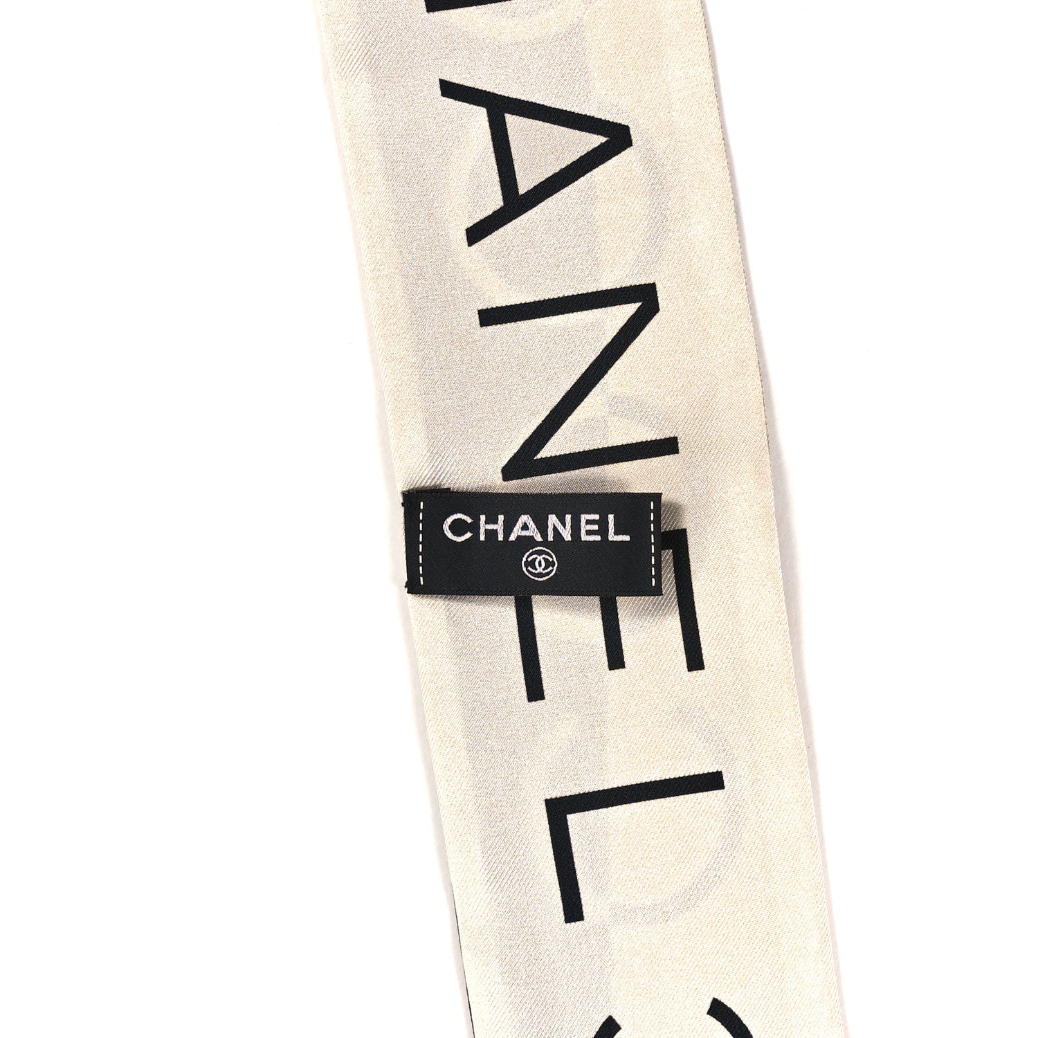Chanel Silk CC Slim Logo Bandeau Scarf Light Beige Black Ecru 3 of 4