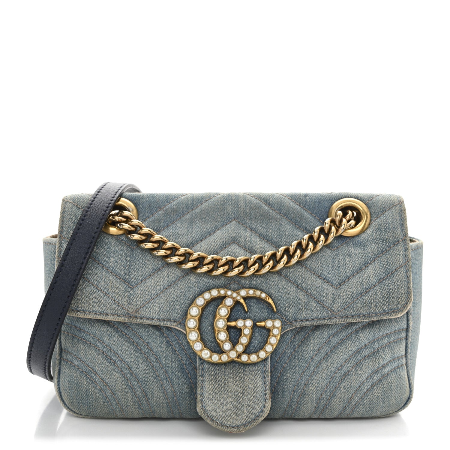 Gucci Denim Matelasse Mini Pearly GG Marmont Shoulder Bag Blue 1 of 14