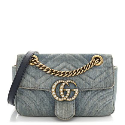 Gucci Denim Matelasse Mini Pearly GG Marmont Shoulder Bag Blue 1 of 14