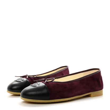 Chanel Suede Kidskin Lambskin Cap Toe CC Ballerina Flats 39.5 Burgundy Black 3 of 9