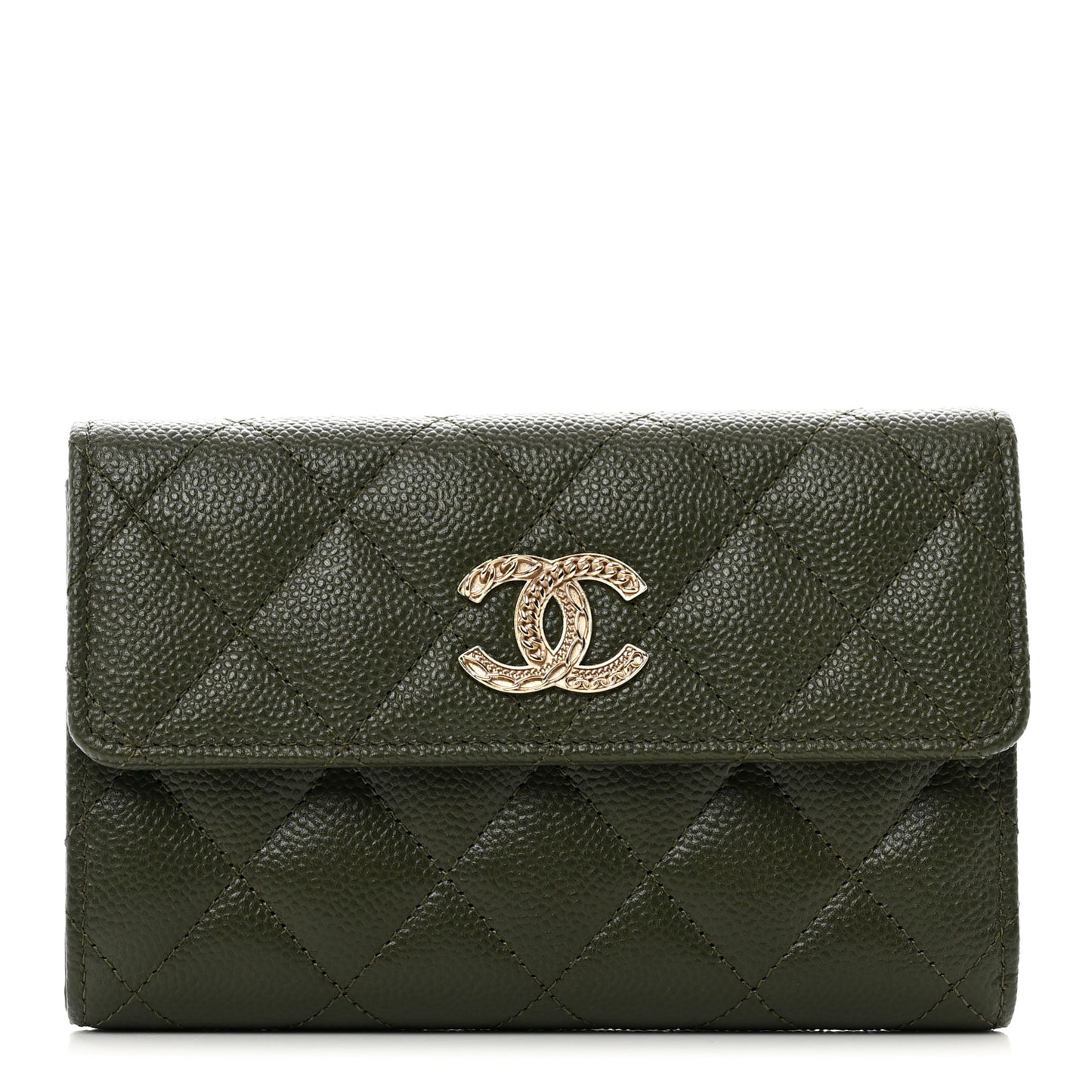 Caviar Quilted Multi Chain CC Medium Tri-Fold Flap Wallet Khaki