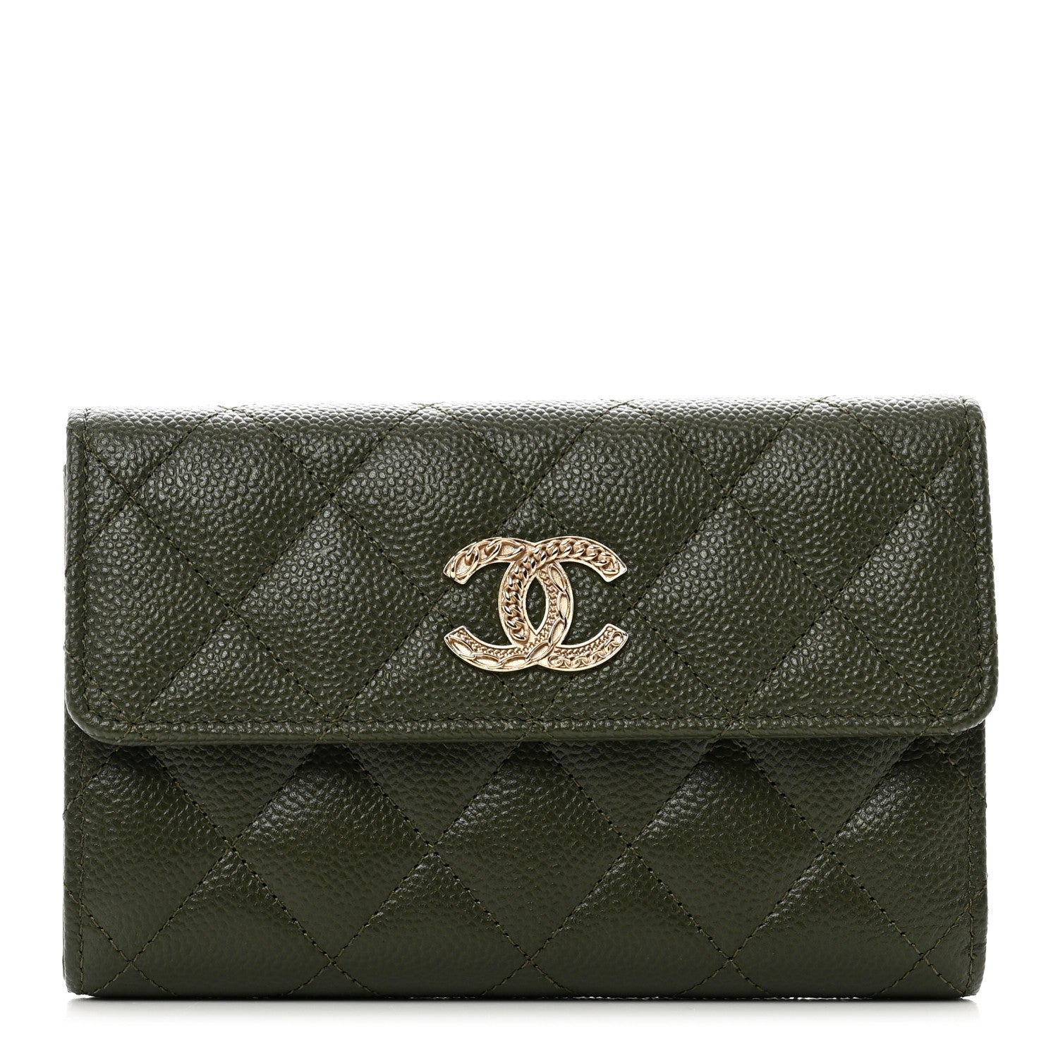 Chanel Caviar Quilted Multi Chain CC Medium Tri-Fold Flap Wallet Khaki 1 of 9