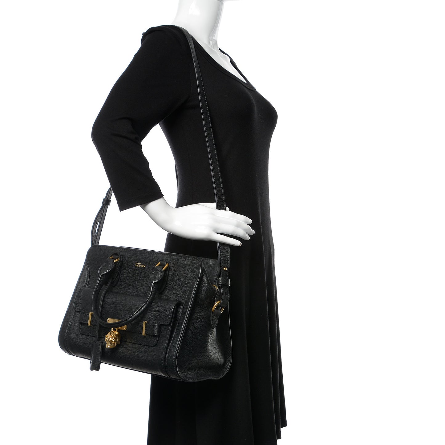 Pebbled Calfskin Padlock Pocket Tote Black