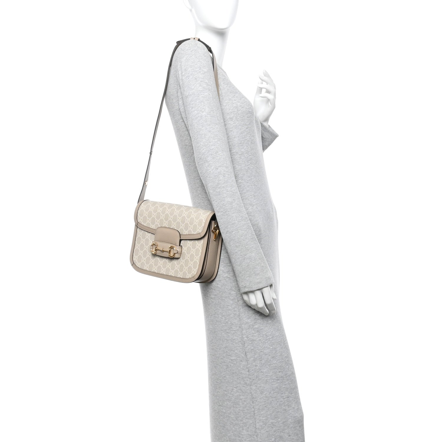 Gucci GG Supreme Monogram Textured Dollar Calfskin Horsebit 1955 Shoulder Bag Beige Mystic White Oatmeal 2 of 10